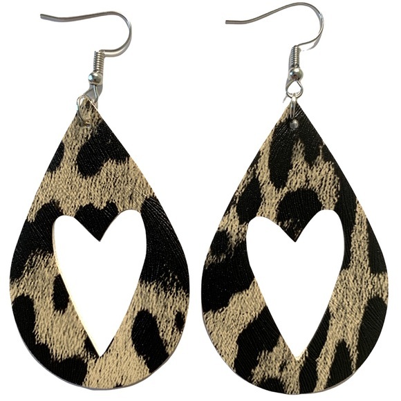 Faux Leather Teardrop Earrings Animal Print Heart Cut Out🖤NEW - Picture 1 of 3
